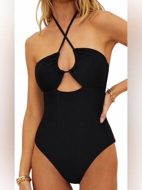 Beach Riot Size Medium Black Ribbed Phoenix Halter One-Piece Swimsuit